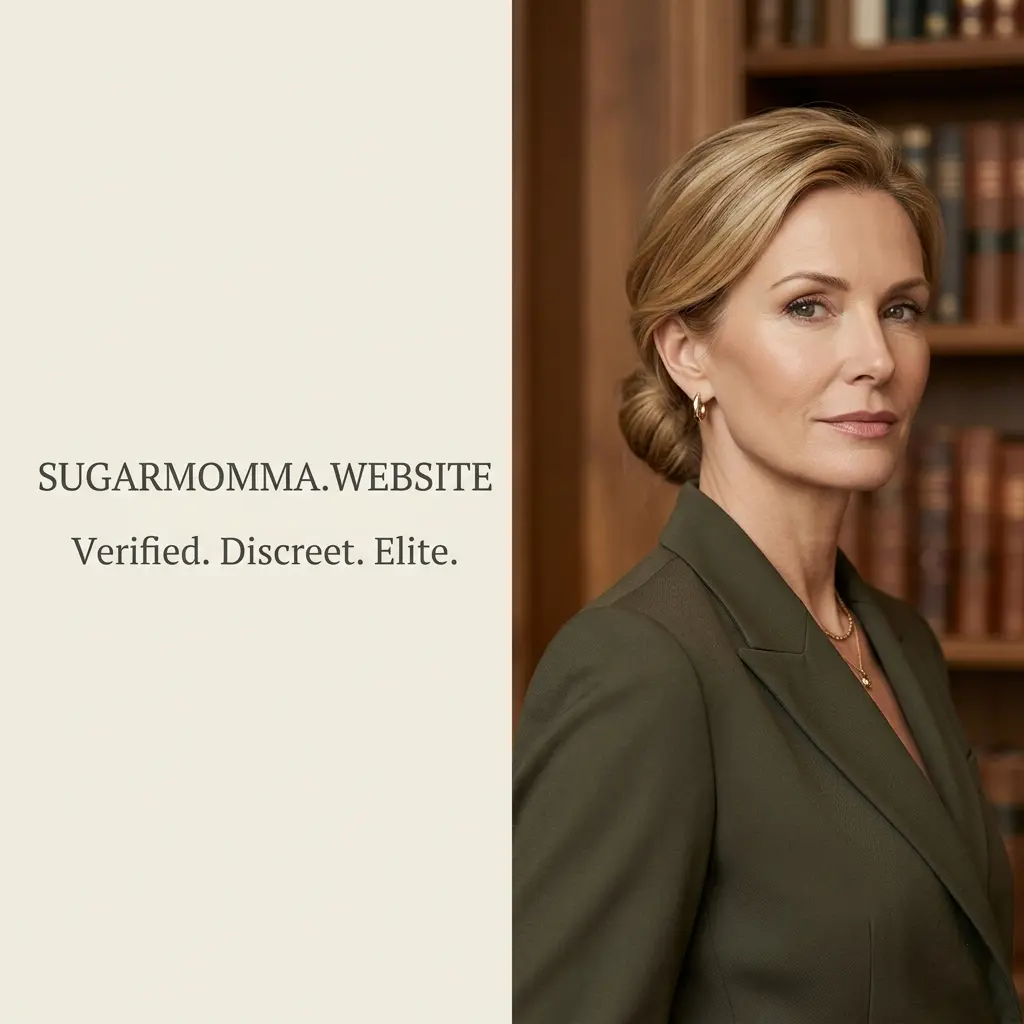 Sophisticated mature woman in a professional setting for Sugarmomma.website, featuring the brand slogan Verified Discreet Elite.